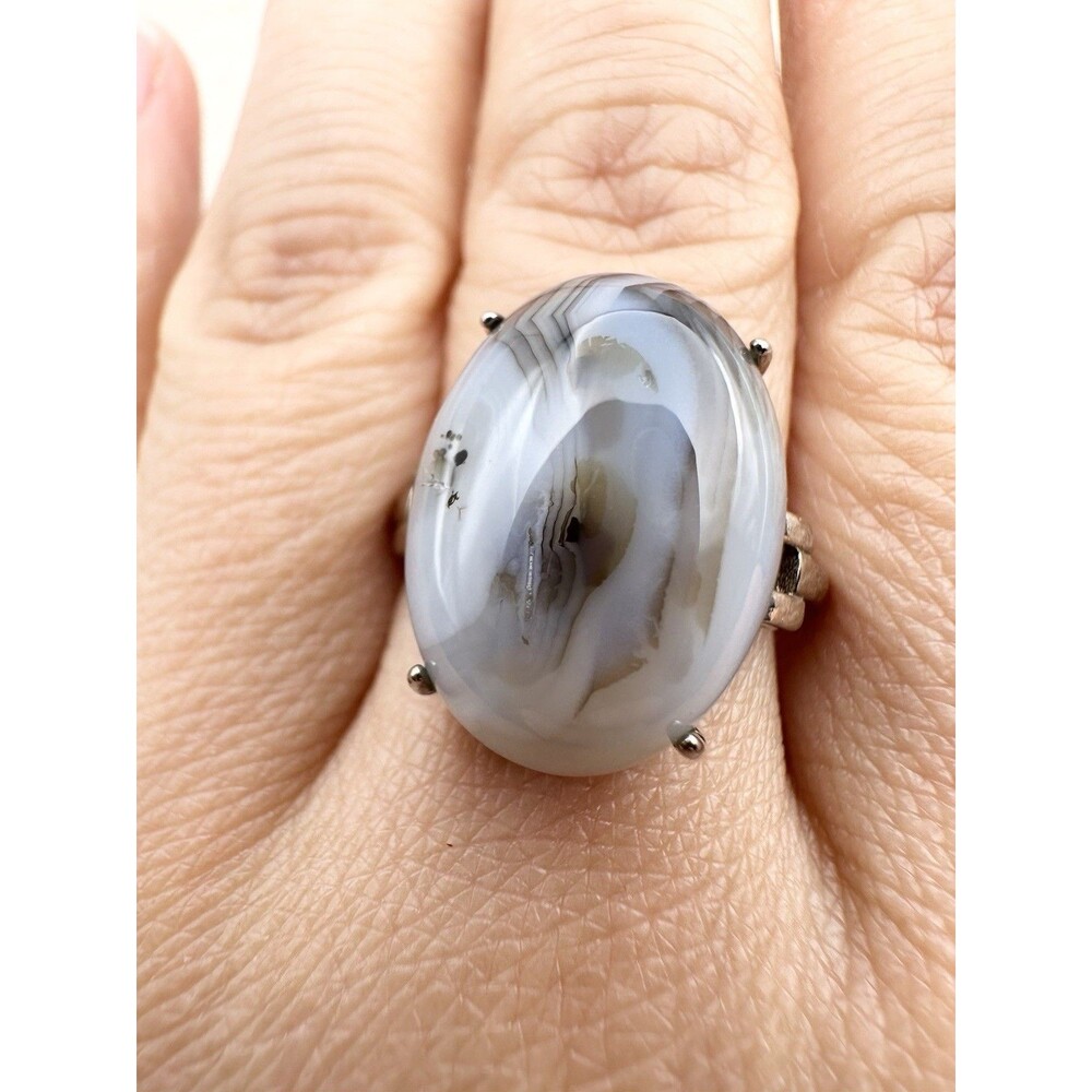 Vintage Lace Agate Ring Size 7.5 Oval Cabochon